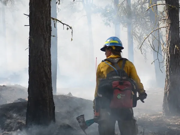 Brigadista forestal con herramienta avanzando entre humo denso