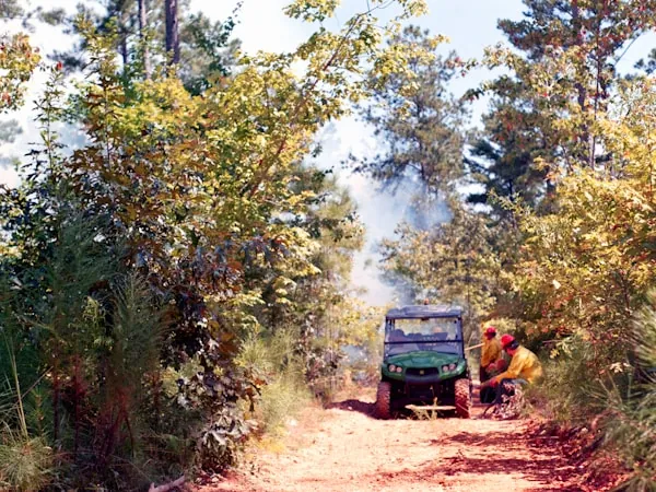 Brigadistas forestales trabajando junto a la unidad durante un incendio