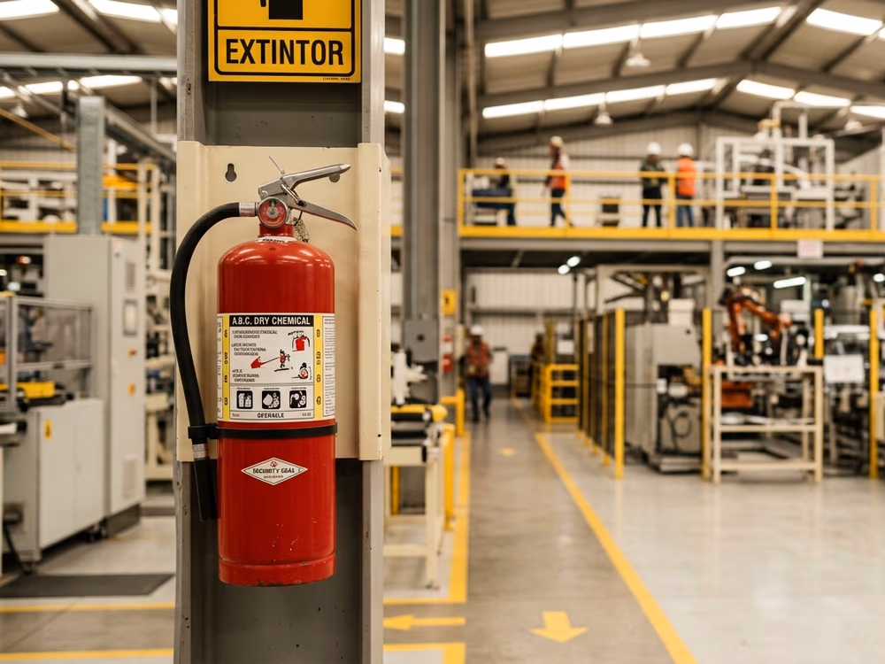 Extintor instalado en muro de nave industrial