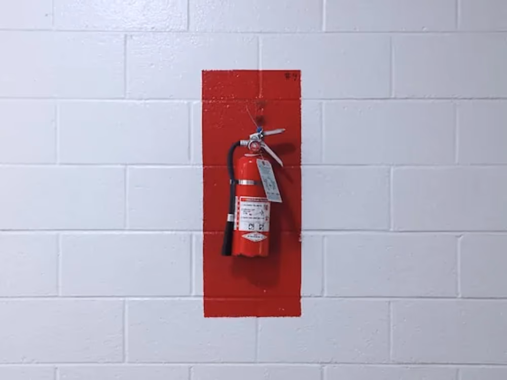 Extintor montado sobre placa de identificación roja