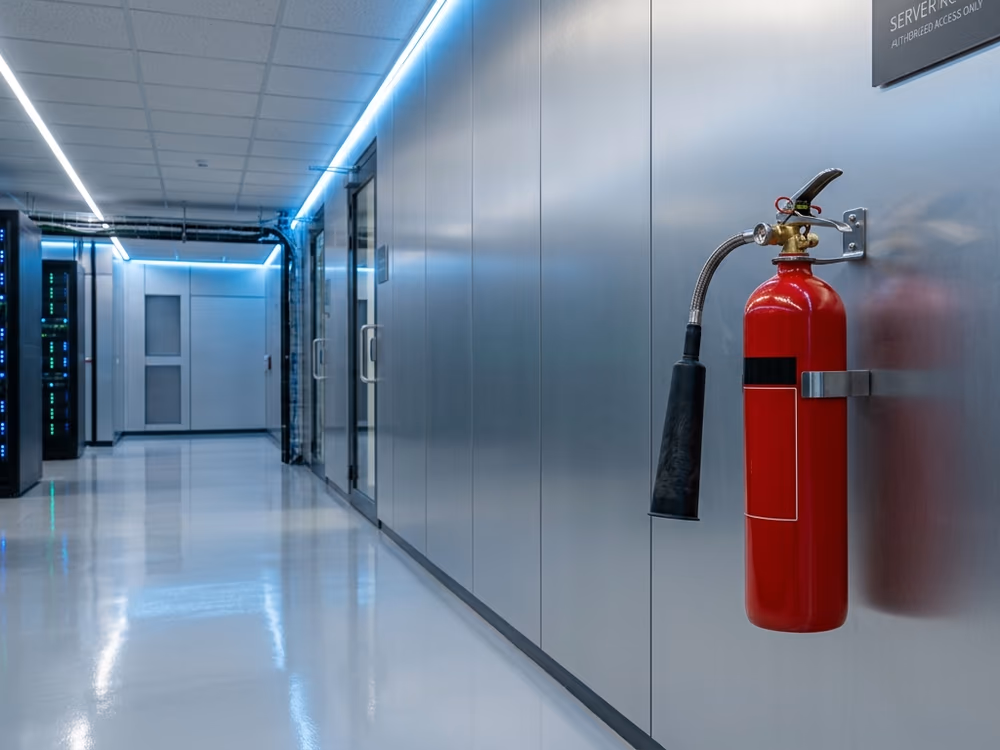 Extintor de CO2 instalado en corredor de sitio de computo