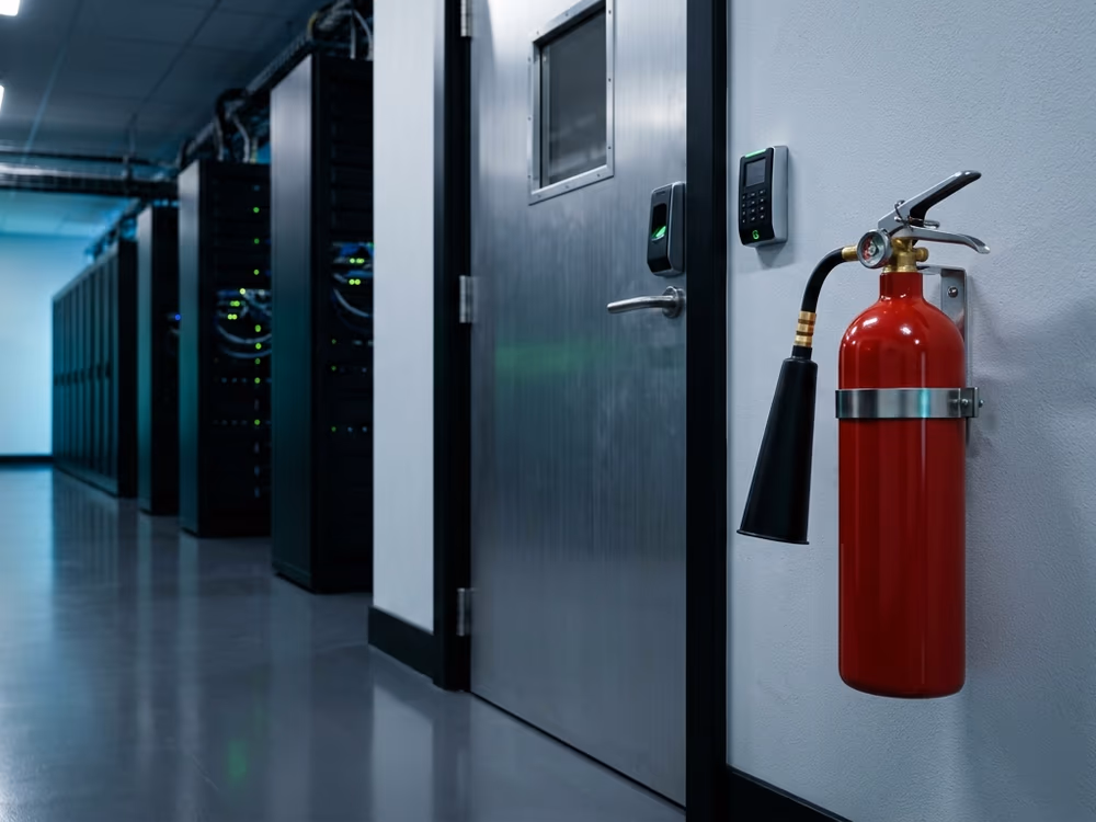 Extintor de CO2 junto a gabinetes de servidores en centro de datos