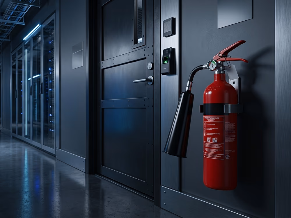 Extintor de CO2 instalado junto a puerta de acceso en oficina