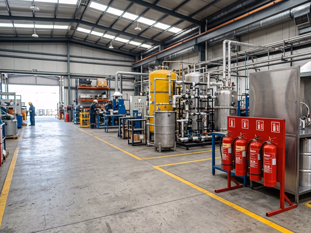 Sala de equipo industrial con múltiples unidades de agente instaladas
